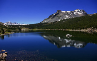 Mountain lake forest sky rocks - a clear blue sky above free wallpaper