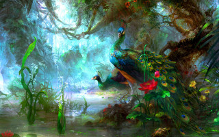 Peacock forest flowers plants colorful - a pond and trees free wallpaper
