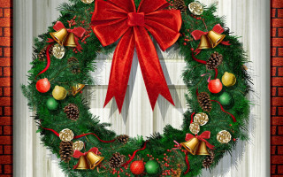 Christmas wreath bells bow door 2 - a red ribbon free wallpaper
