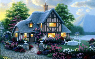 Cottage flowers table dusk lake - a lake in the background free wallpaper