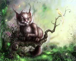 Cat sitting tree branch bird - brom free wallpaper