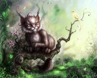 Cat sitting tree branch bird 2 - brom free wallpaper
