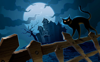 Black cat fence full moon 3 - dark background free wallpaper