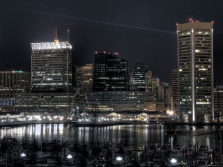 City skyline night boats docked 2 - the building and water free wallpaper