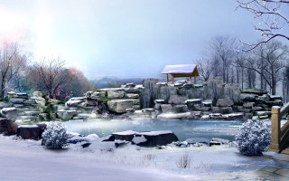 Snowy landscape pond bench trees 4 - matte painting concept art free wallpaper