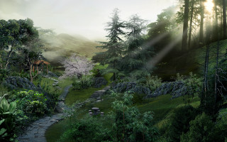 Forest path house trees distance 3 - eishōsai chōki free wallpaper