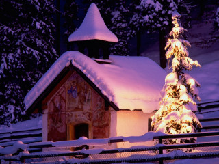 Small church lit tree snow - covered tree free wallpaper