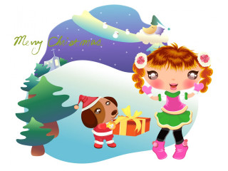 Girl dog present snow merry - merry free wallpaper