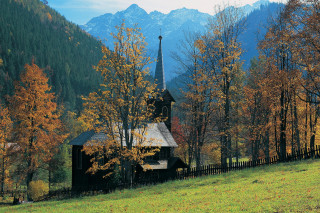 Church mountains fall colors trees - alen divi free wallpaper