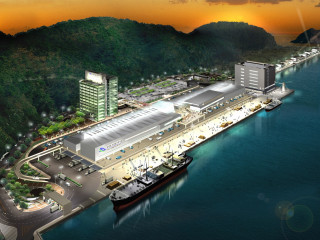 Large boat city pier sunset - isometric free wallpaper