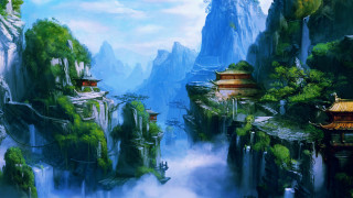 Mountain landscape river pagoda painting - a painting of a mountain landscape free wallpaper