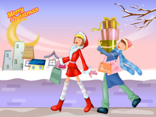 Christmas snow children present tree - a man and woman free wallpaper