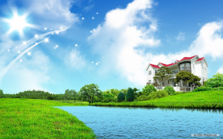 House hill river field blue - a stream free wallpaper