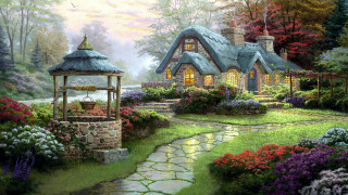 Cottage woods flowers pathway gazebo - edward lamson henry free wallpaper