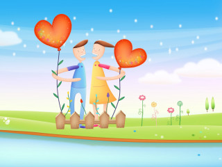 Couple heart balloons field lake - balloon free wallpaper
