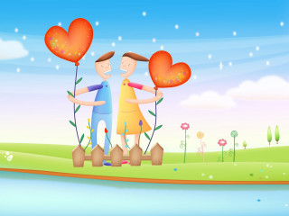 Couple heart balloons field flowers - a lake in the background free wallpaper