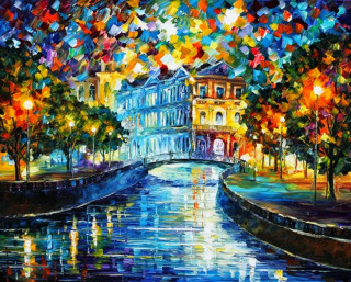 City river buildings nighttime colorful - a painting of a city free wallpaper