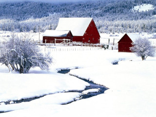 Red barn snow stream mountain 2 - regionalism free wallpaper