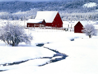 Red barn snow stream mountain 4 - regionalism free wallpaper