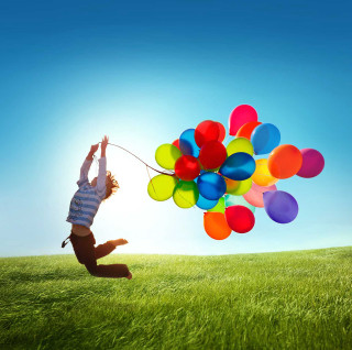 Person jumping balloons blue sky 6 - cheerful free wallpaper
