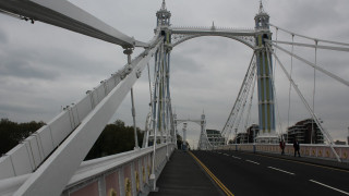 Bridge people cloudy day buildings - constructivism free wallpaper