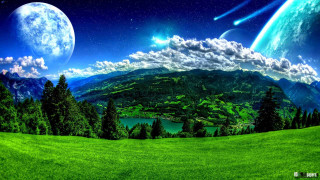 Green field lake mountains blue - beautiful landscape free wallpaper