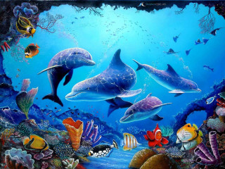 Dolphins swimming ocean corals fish 2 - damien hirst free wallpaper