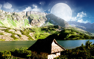 Mountain house full moon lake - full free wallpaper