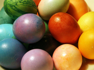 Colorful eggs watermelon bowl side - top of them free wallpaper
