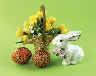 Basket flowers bunny figurine eggs 3 - cheerful free wallpaper