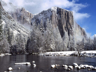 River snow mountains trees blue - snow covered mountains and trees free wallpaper