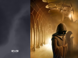 Hooded person hallway columns woman 2 - dystopian art free wallpaper