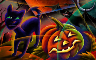 Gothic cat pumpkin moon bat - dark background free wallpaper