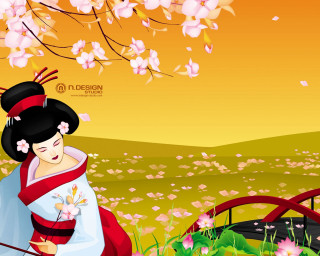 Woman kimono flower field bridge - chiho aoshima free wallpaper