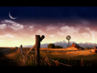 Rural barn windmill full moon 3 - american scene painting free wallpaper