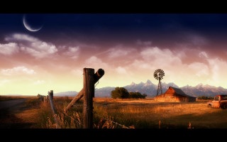 Farm windmill barn sunset fullmoon - sunset free wallpaper