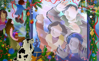 Woman cow christmas scene window - magic realism free wallpaper