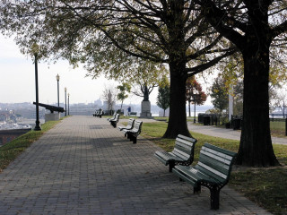 Benches park tree river city 3 - a statue free wallpaper