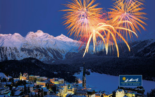 Fireworks town mountains blue sky 2 - white star free wallpaper