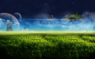 Green field windmill distance blue 2 - a green field free wallpaper