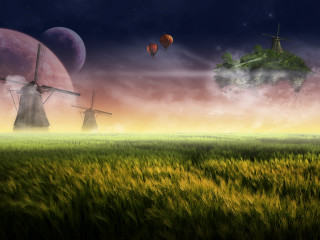 Field windmills clouds hotairballoons moon - hot free wallpaper