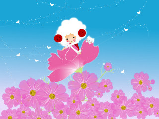 Cartoon girl flower butterfly head - over a field free wallpaper