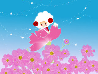 Cartoon girl flying pink flower - butterfly free wallpaper