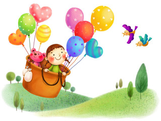 Girl basket balloons sky bird - free happy birthday wallpaper