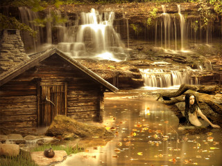 Woman sitting log waterfall cabin - a waterfall in the background free wallpaper