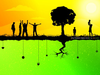Group people hill tree sunset 2 - depth free wallpaper