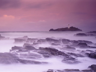 Lighthouse rocky shore pink sky 3 - moody free wallpaper