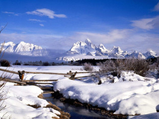 Stream snow field mountains fence - field free wallpaper