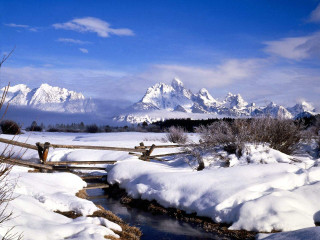 Stream snow field mountains wooden 2 - a stream free wallpaper