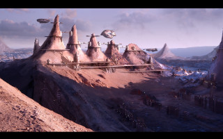 Futuristic city mountain sky spaceship - a spaceship free wallpaper